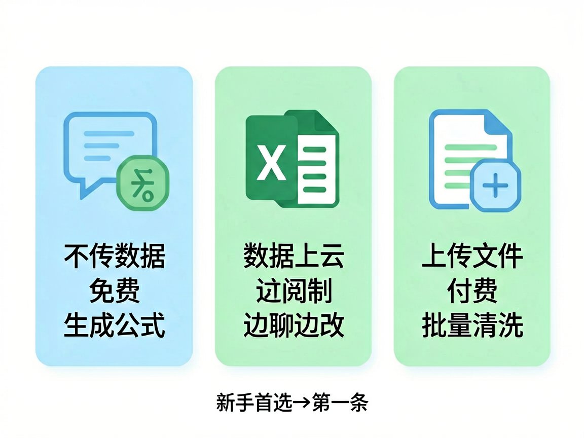 三路线对比:通用大模型不传数据免费生成公式 / 表格内置AI数据上云订阅制边聊边改 / 专用表格工具上传文件付费批量清洗
