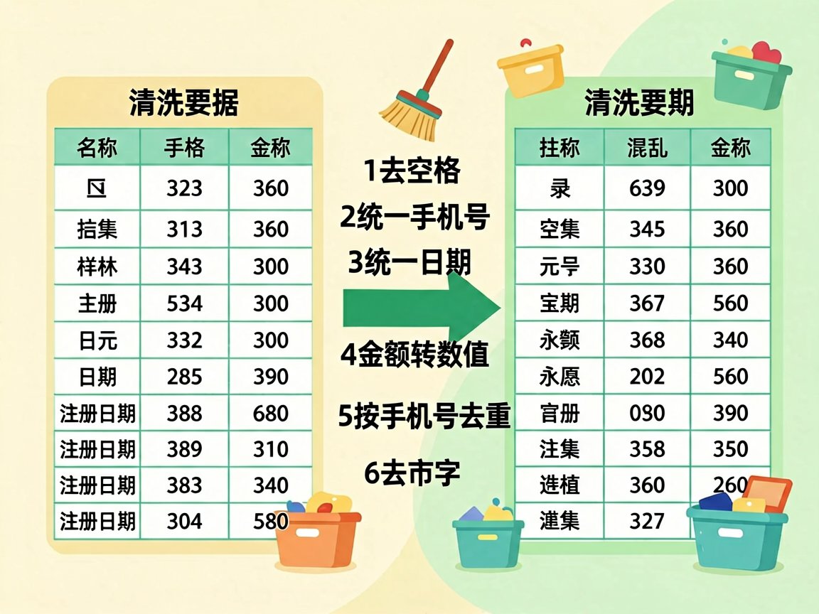 数据清洗六步走:去空格、统一手机号、统一日期、金额转数值、按手机号去重、去市字
