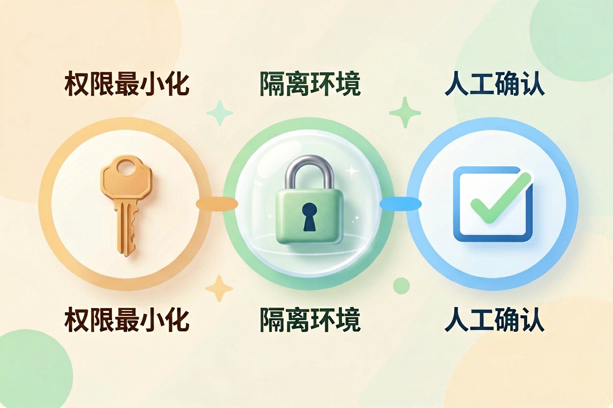 配图3三道安全闸:权限/沙箱/人工确认